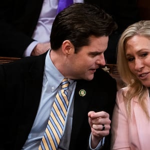 Rep. Marjorie Taylor Greene, R-Ga., and Rep. Matt Gaetz, R-Fla., are seen on the House floor on Thursday, January 5, 2023.