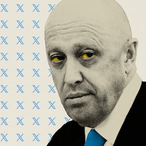 Photo illustration of Yevgeny Prigozhin with yellow eyes and the X/Twitter symbol tiled to his left.