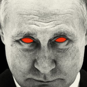 Photo illustration of a portrait of a serious looking Russian President Vladimir Putin with red eyes.