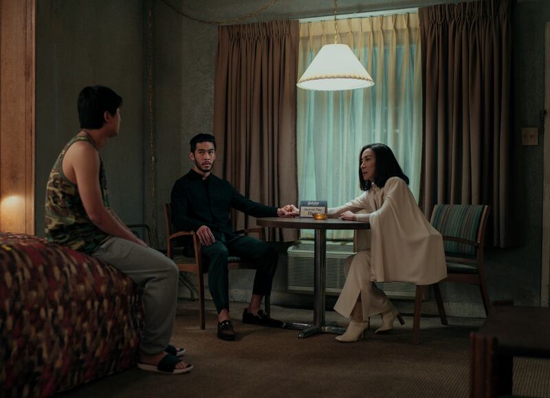 From left: Sam Song Li, Justin Chien, and Michelle Yeoh in The Brothers Sun.