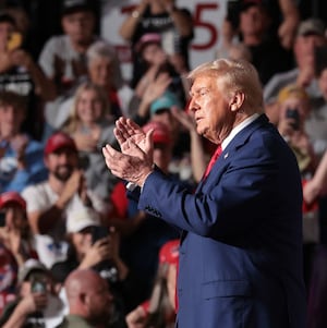 Republican presidential nominee, former U.S. President Donald Trump, departs a campaign rally at the Ed Fry Arena September 23, 2024 in Indiana, Pennsylvania. 