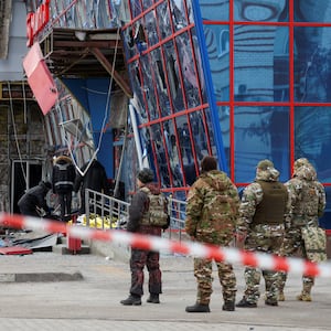 A photo of a damaged building in Belgorod, Russia.