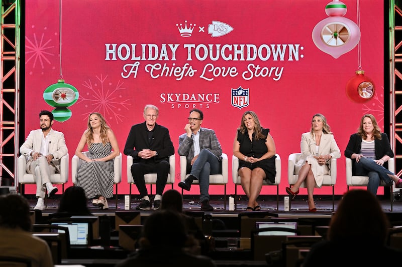 Tyler Hynes, Hunter King, Ed Begley Jr. Diedrich Bader, Samantha DiPippo, Lara Krug, and Julie Sherman Wolfe attend Hall Mark Medias ‘Holiday Touchdown: A Chiefs Love Story’"