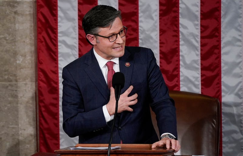 Mike Johnson addresses the House of Representatives after being elected Speaker.