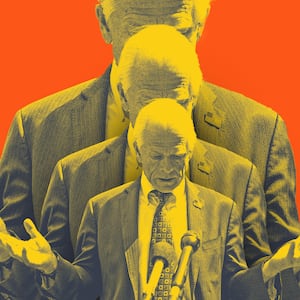 A photo illustration shows Peter Navarro with his head bowed and hands outstretched, overlaying three times in yellow on an orange background.