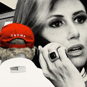 Photo illustration of Alina Habba and Donald Trump in front of his gold club, Bedmister