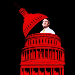 An illustration that includes a photo of Jim Jordan and the U.S. Capitol Hill Building