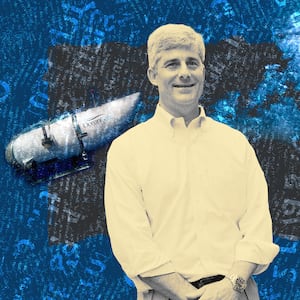 A photo illustration of Stockton Rush, CEO of OceanGate, and the Titan submarine that imploded in the background.