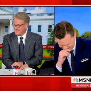 MSNBC’s “Morning Joe” hosts laugh at Donald Trump’s line about dogs being eaten during his debate against Kamala Harris. 