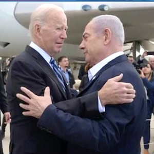 Daily Show guest host Michael Kosta with Joe Biden and Benjamin Netanyahu