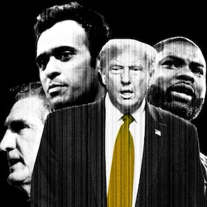 Photo illustration of Donald Trump, Vivek Ramaswamy, Doug Burgum, and Byron Donalds