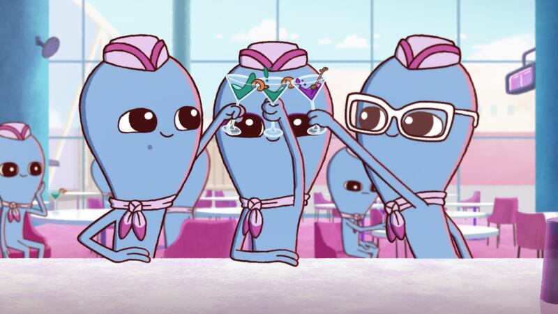 A still of three aliens cheersing in the series Strange Planet