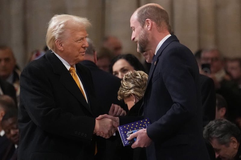 PARIS, FRANCE - DECEMBER 7: US President-elect Donald Trump meets with Britain's Prince William and the Prince of Wales at the Salon Jaune Room of the British Ambassador's Residence on the day of the reopening of Notre Dame Cathedral in Paris. Six months have passed since the devastating fire that occurred in Paris, France on December 7, 2024. (Photo by Aaron Chown - Pool/Getty Images)