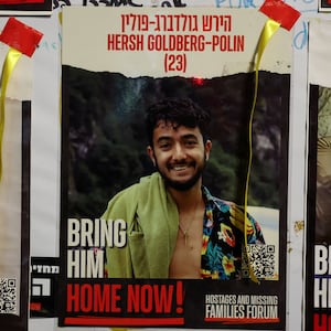 A view of a banner depicting Hersh Goldberg-Polin, an Israeli-American seized during the October 7 attack on Israel and taken hostage into Gaza