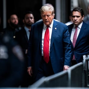 Former U.S. President Donald Trump arrives ahead of the start of jury selection at Manhattan Criminal Court.