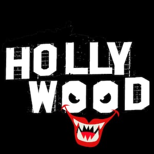 Illustrative cartoon of the Hollywood sign with evil eyes and and evil mouth overlaid.