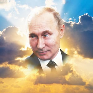 An illustration including Putin in Clouds during sunrise 