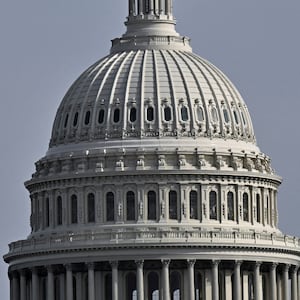 U.S. Capitol building and a red light traffic signal in Washington.