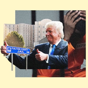 A photo collage that shows Donald Trump in front of the Fulton County jail overlaying a picture of a black inmate in a jail