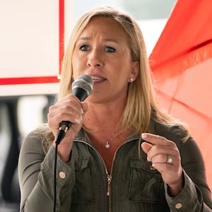 Republican U.S. House candidate Marjorie Taylor Greene speaks at a news conference in Dallas, Georgia.