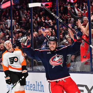 Johnny Gaudreau celebrates after scoring a goal against the Philadelphia Flyers at Nationwide Arena on Nov. 10, 2022.