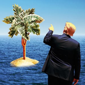 A photo illustration of Donald Trump pointing to an island with a money palm tree.