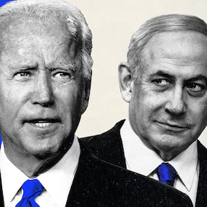 An illustration that includes photos of U.S. President Joe Biden and Benjamin "Bibi" Netanyahu