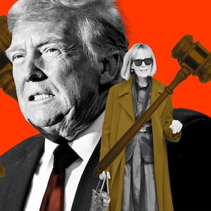 A photo illustration of Donald Trump and E Jean Carroll with gavels surrounding them.