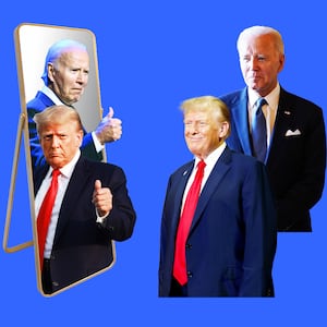 A photo illustration of Donald Trump and Joe Biden looking in a mirror