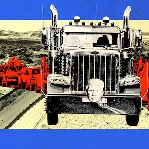 A photo illustration of MAGA trucks overlaying a picture of the border wall