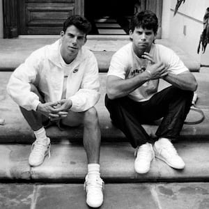 Menendez brothers, Erik, left, and Lyle on the steps of their Beverly Hills home in November, 1989.