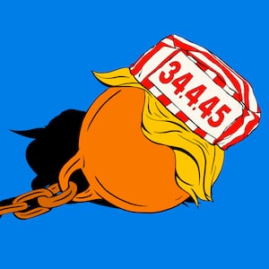 Illustration of an orange ball and chain with Donald Trump’s Hair and a red stripe prison cap with the numbers “34 4 45” on it