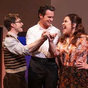 Daniel Radcliffe, Jonathan Groff, and Lindsay Mendez in "Merrily We Roll Along."