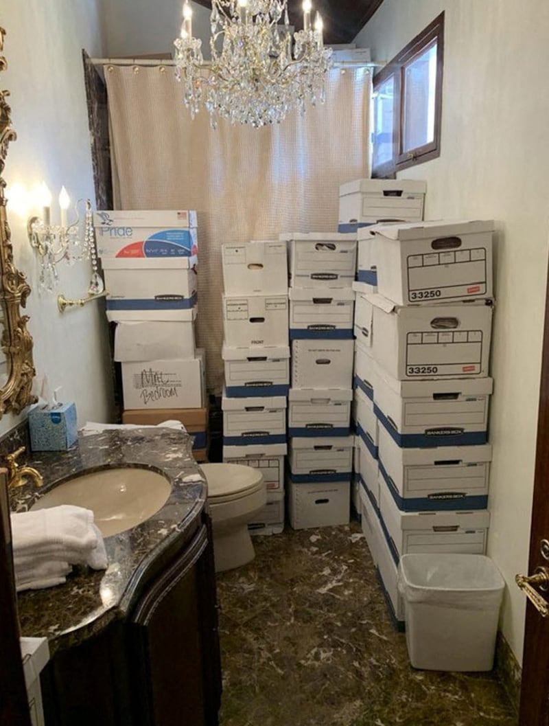 Boxes stacked on top of each other in Mar-a-Lago bathroom.