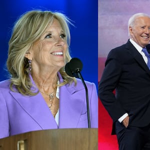 Split photos of Jill Biden smiling, and Joe Biden and daughter Ashley Biden.