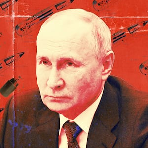 A photo illustration of Russian President Vladimir Putin superimposed over images of American artillery cluster munitions.