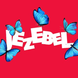 Photo illustration of the Jezebel logo with blue butterflies on top of it.