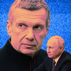 A photo illustration of Vladimir Solovyov and President Vladimir Putin.