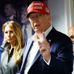 Republican presidential nominee former President Donald Trump thanks his staff at his campaign headquarters on Election Day, November 05, 2024 in West Palm Beach, Florida. Trump and his wife Melania Trump cast their votes at a polling place in the Morton and Barbara Mandel Recreation Center earlier in the day.