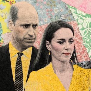 Photo illustration of Kate Middleton and Prince William on various pattern backgrounds