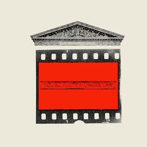 Photo illustration of a film strip frame with the Supreme Court pediment on top and “equal justice under law” inside the frame.