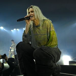 Emily Armstrong, Linkin Park’s new singer, performs during a global livestream at Warner Bros. 