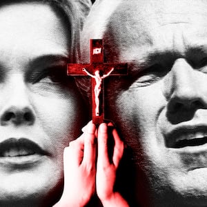 Photo illustration of the faces of Matt Schlapp and Mercedes Schlapp and a pair of hands holding a crucifix.