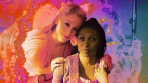 A photo illustration of Cynthia Erivo is Elphaba and Ariana Granda is Glinda in Wicked.