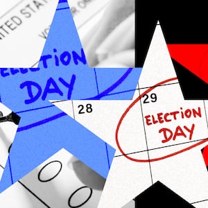 A photo illustration of a calendar with the words "election day" on them inside stars. 