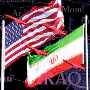 A photo illustration of the US, Iran flags, and a map of the Middle East.