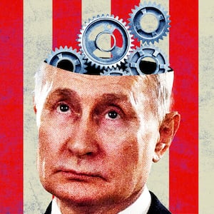 Photo illustration of Vladimir Putin with blue gears coming out of his head on a red and white stripe background