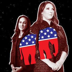 Illustration featuring Ronna McDaniel and her challenger Harmeet Dhillon