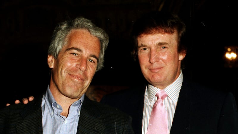 Portrait of American financier Jeffrey Epstein (left) and real estate developer Donald Trump as they pose together at the Mar-a-Lago estate, Palm Beach, Florida, 1997. (Photo by Davidoff Studios/Getty Images)