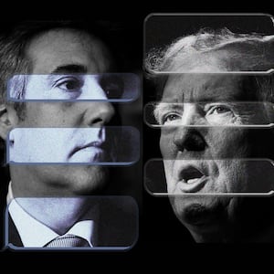 Alt text: A photo illustration showing Michael Cohen and Donald Trump with text message exchange overlaid on top of their faces.